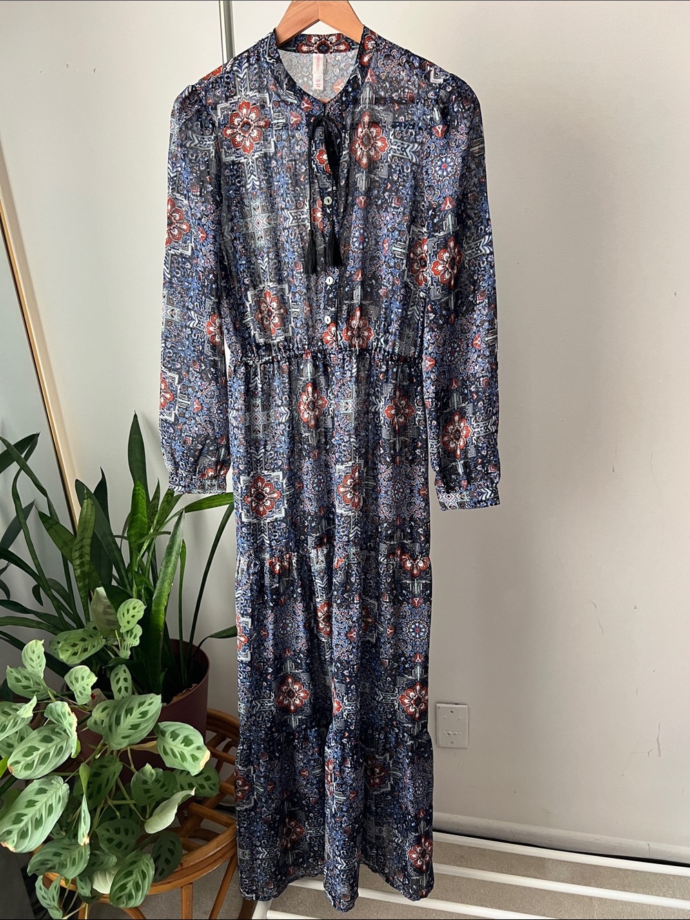 Xhilaration Navy & Rust Floral Tie-Neck Long Sleeve Maxi Dress
